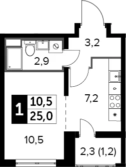Планировка: 1-комнатная квартира 23,8 м² в ЖК «Южная Битца»