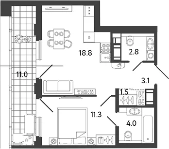 Планировка: 1-комнатная квартира 41,5 м² в ЖК «Гений»
