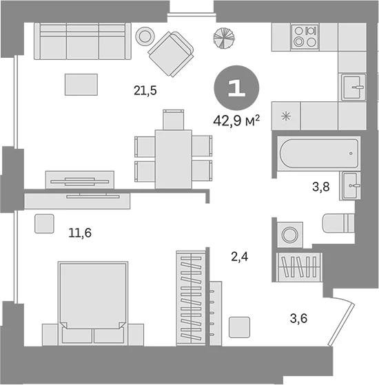 Планировка: 1-комнатная квартира 42,9 м² в ЖК «Квартал Герцена»