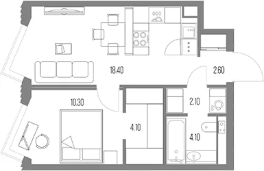 Планировка: 1-комнатная квартира 41,6 м² в ЖК «Северный Порт»
