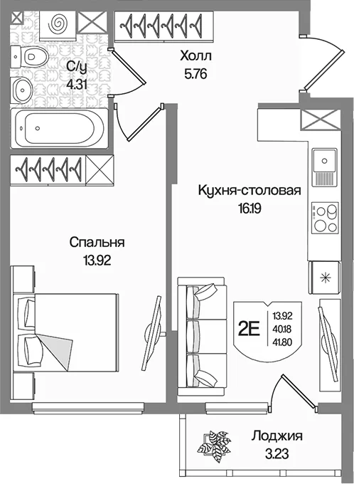 Планировка: Евродвушка 40,2 м² в ЖК «Охтинские высоты»