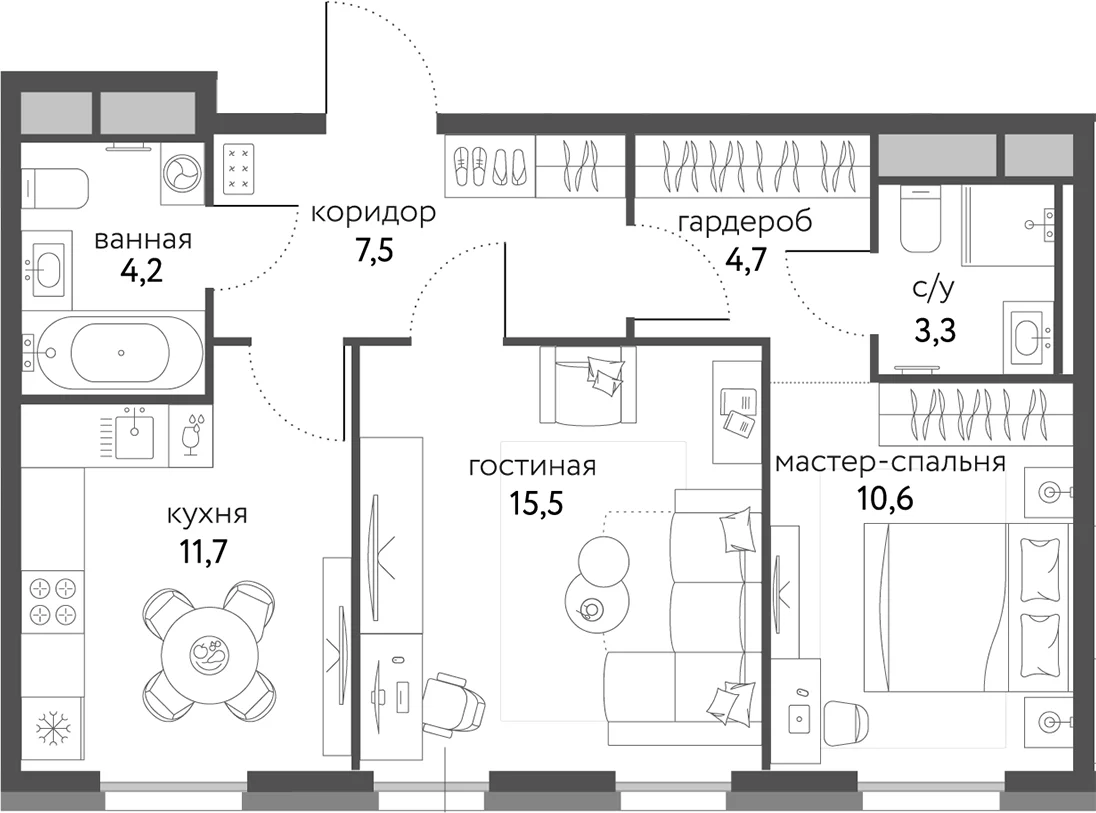 Планировка: 2-комнатная квартира 57,5 м² в ЖК «Сиреневый парк»