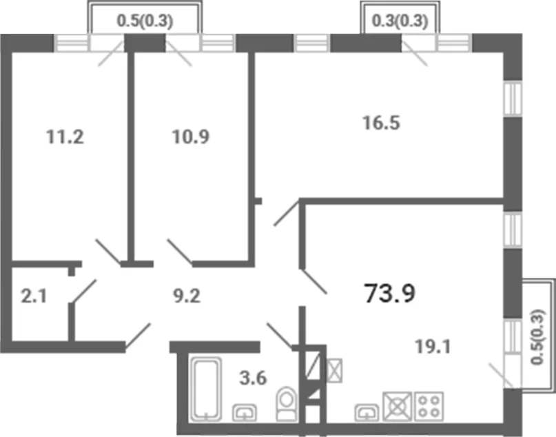 Планировка: 3-комнатная квартира 72,6 м² в ЖК «Южная Долина»