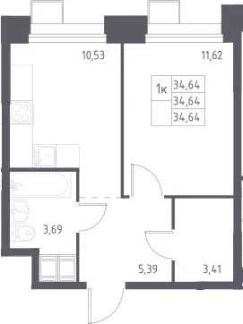 Планировка: 1-комнатная квартира 34,6 м² в ЖК «Тропарево Парк»