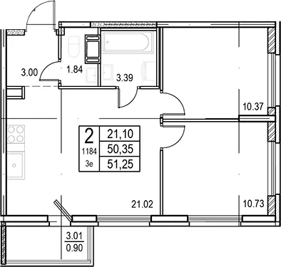 Планировка: Евротрёшка 50,4 м² в ЖК «ID Murino III»