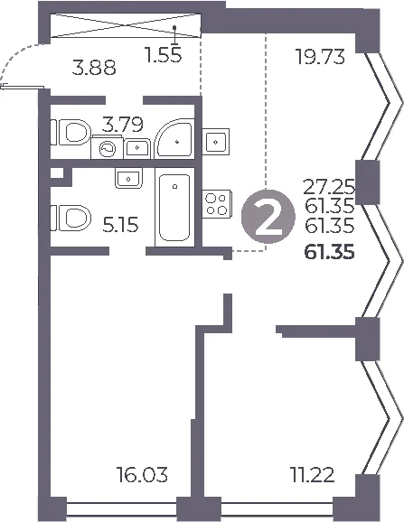 Планировка: 2-комнатная квартира 61,4 м² в ЖК «Мневники от Гранель»