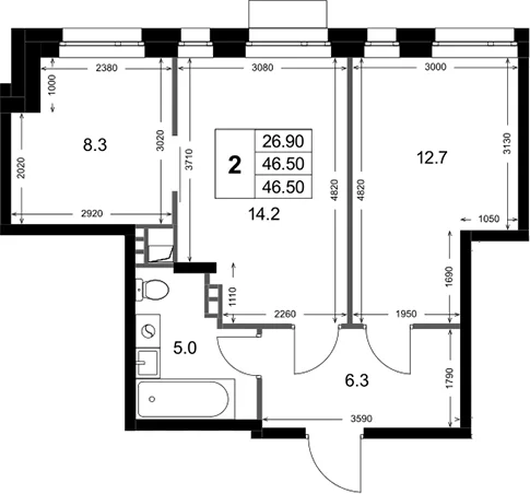 Планировка: 2-комнатная квартира 46,5 м² в ЖК «Кореневский Форт 2.3»