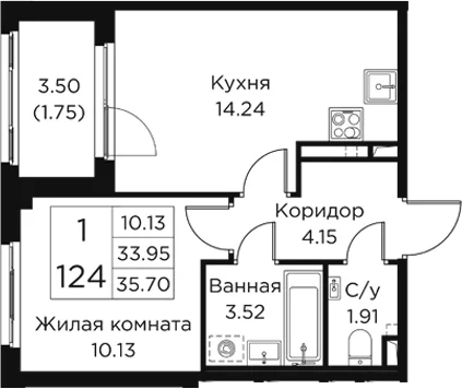 Планировка: 1-комнатная квартира 34 м² в ЖК «Кронфорт»