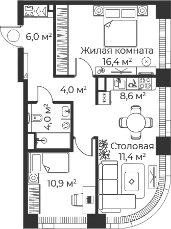 Планировка: Евротрёшка 61,2 м² в ЖК «Веер»