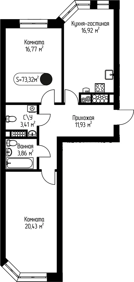 Планировка: 2-комнатная квартира 73,3 м² в ЖК «Мечта-квартал Любовь»