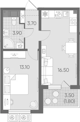 Планировка: Евродвушка 37,2 м² в ЖК «Ручьи 2»
