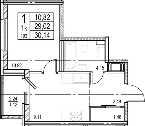 Планировка: 1-комнатная квартира 29 м² в ЖК «ID Murino III»