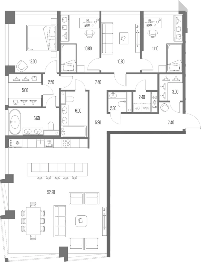 Планировка: 3-комнатная квартира 145,7 м² в ЖК «Северный Порт»