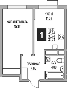 Планировка: 1-комнатная квартира 35,7 м² в ЖК «Гранель Алексеевская роща»