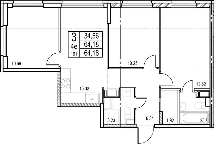 Планировка: Квартира евро-4 64,2 м² в ЖК «ID Murino III»