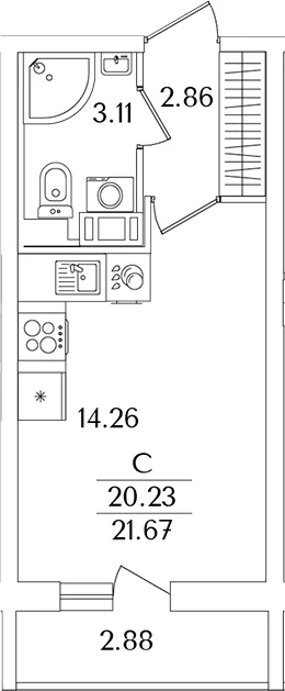 Планировка: Студия 20,2 м² в ЖК «Кинопарк»