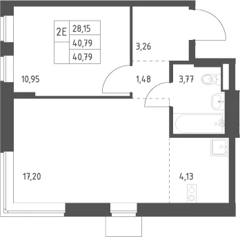 Планировка: Евродвушка 40,8 м² в ЖК «Подольские кварталы»