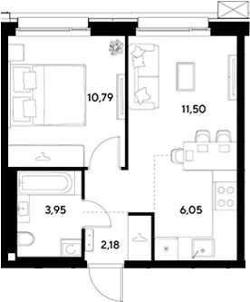 Планировка: Евродвушка 34,5 м² в ЖК «ЭВО»