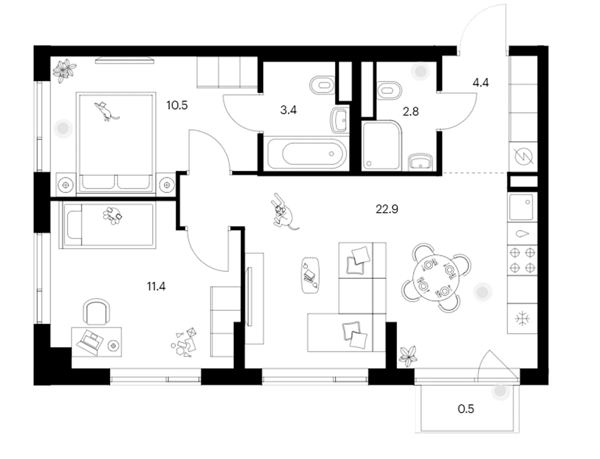 Планировка: 2-комнатная квартира 55,4 м² в ЖК «Бунинская набережная»