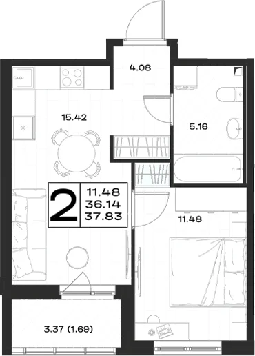 Планировка: Евродвушка 36,1 м² в ЖК «Имена»