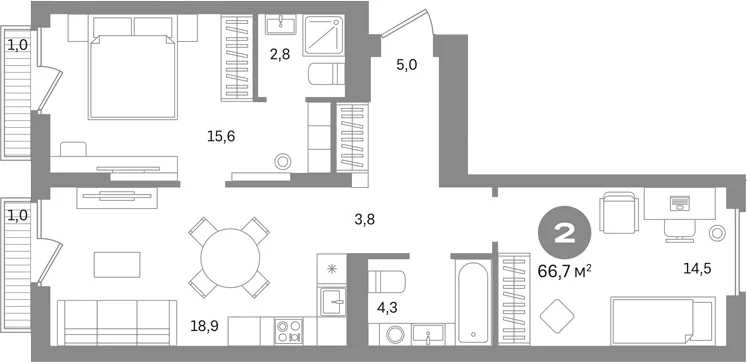 Планировка: 2-комнатная квартира 64,7 м² в ЖК «Первый квартал. Вторая очередь»