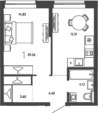 Планировка: 1-комнатная квартира 39,3 м² в ЖК «Страна.Парковая»