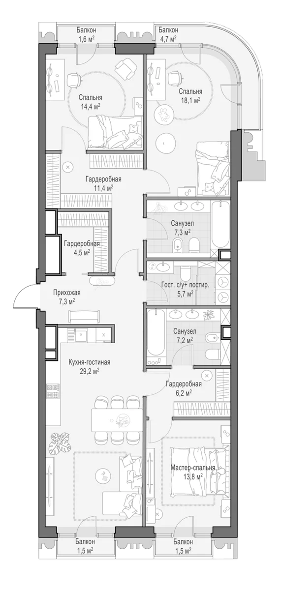 Планировка: Квартира евро-4 124,3 м² в ЖК «Квартал Тишинский бульвар»