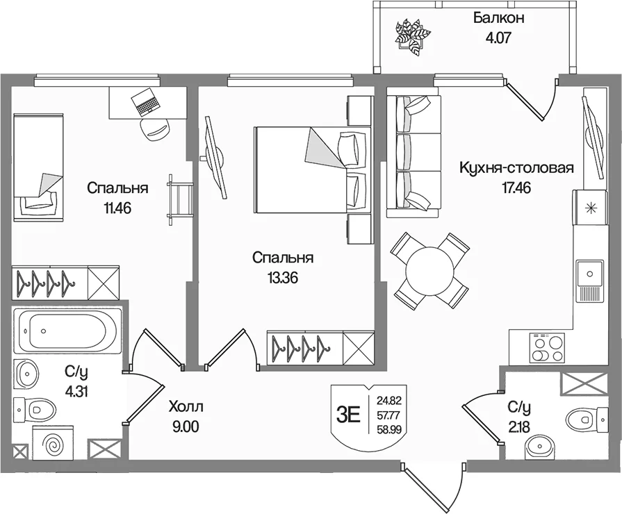 Планировка: Евротрёшка 57,8 м² в ЖК «Охтинские высоты»