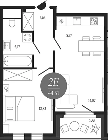 Планировка: Евродвушка 43,1 м² в ЖК «Сердце Лыткарино»