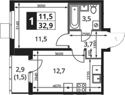 Планировка: 1-комнатная квартира 31,4 м² в ЖК «1-й Ясеневский»