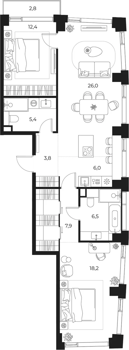 Планировка: Евротрёшка 86,2 м² в ЖК «МАСТЕРС»