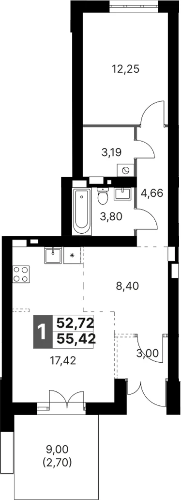Планировка: Евродвушка 52,7 м² в ЖК «Жаворонки Клаб»