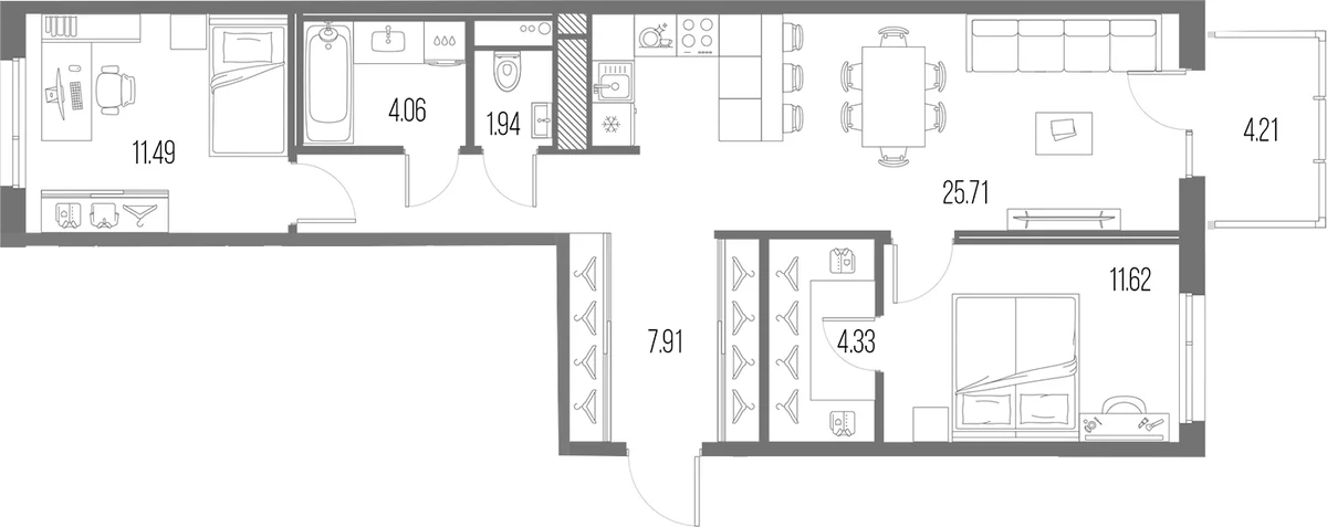 Планировка: Евротрёшка 71,3 м² в ЖК «Легенда Васильевского»