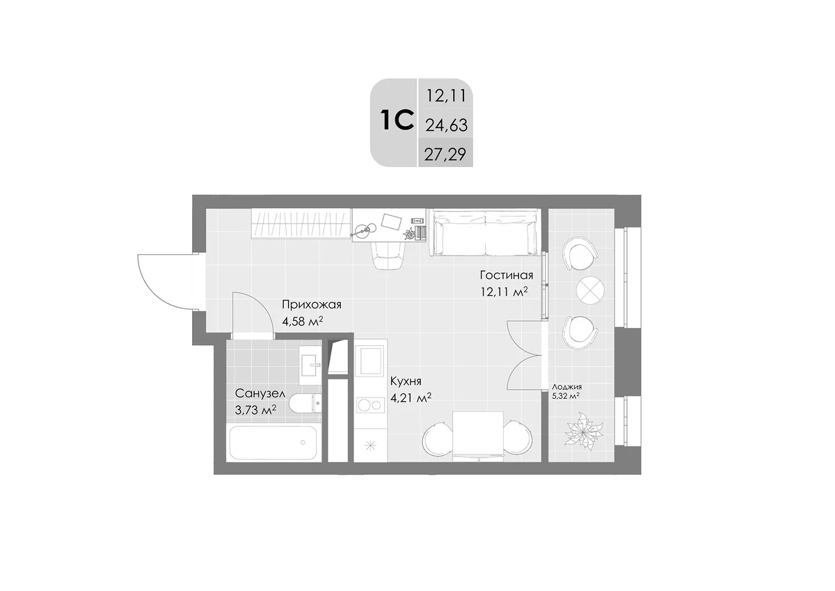 Планировка: Студия 24,6 м² в ЖК «Дюна»