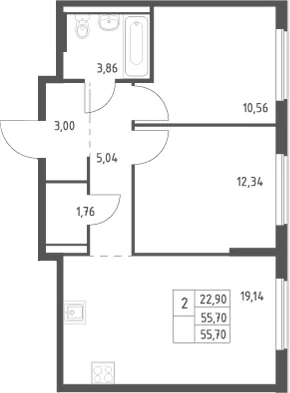 Планировка: Евротрёшка 55,7 м² в ЖК «Большое Юрлово»