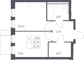 Планировка: 1-комнатная квартира 32,4 м² в ЖК «Пригород Лесное»