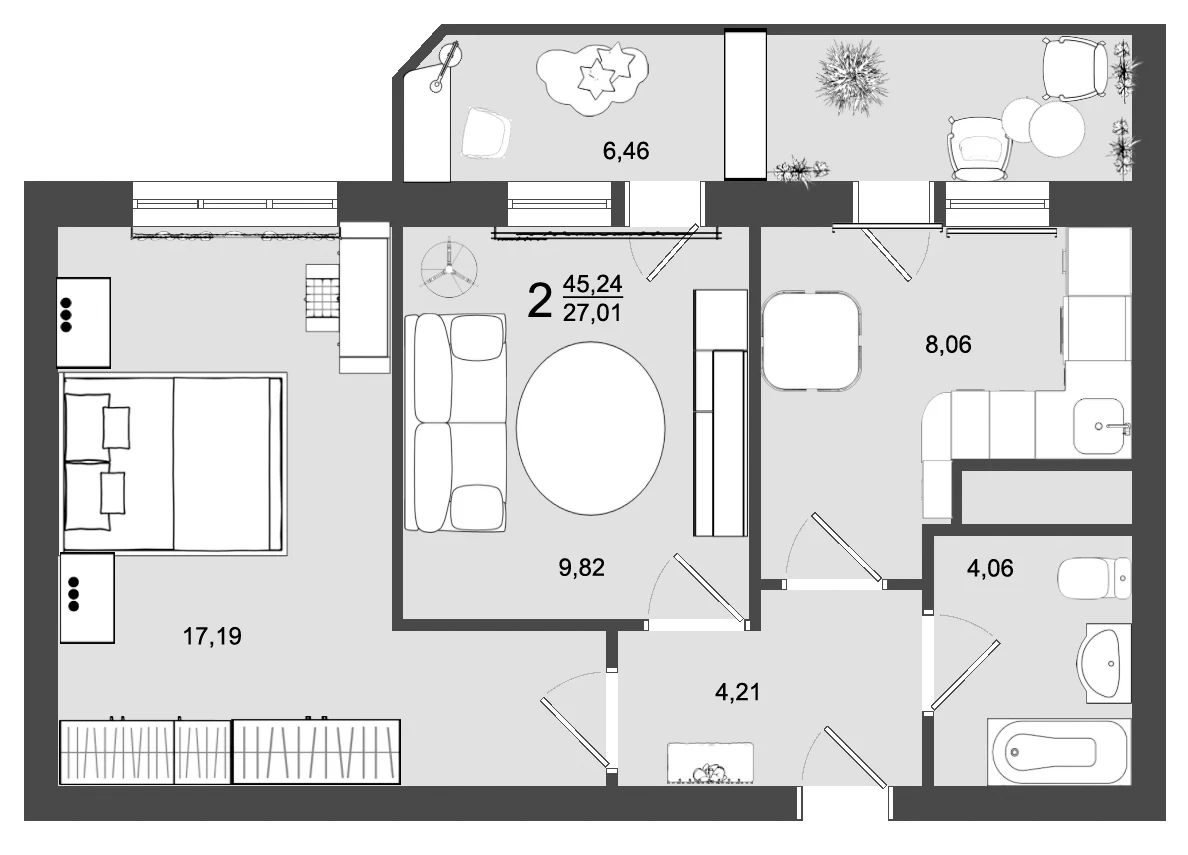 Планировка: 2-комнатная квартира 43,3 м² в ЖК «Майданово Парк»