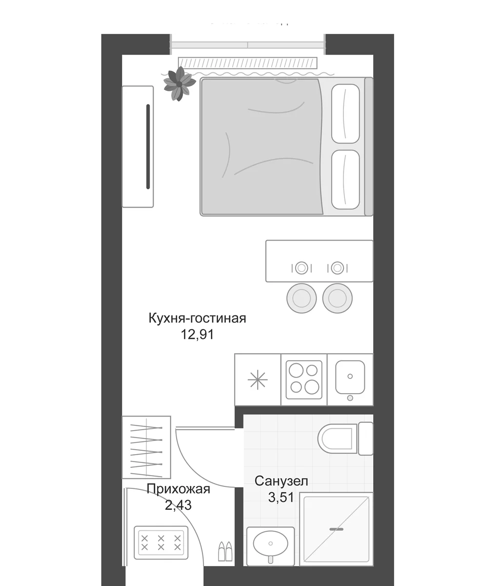 Планировка: Студия 18,9 м² в ЖК «Апарт-комплекс Первый Зеленый»