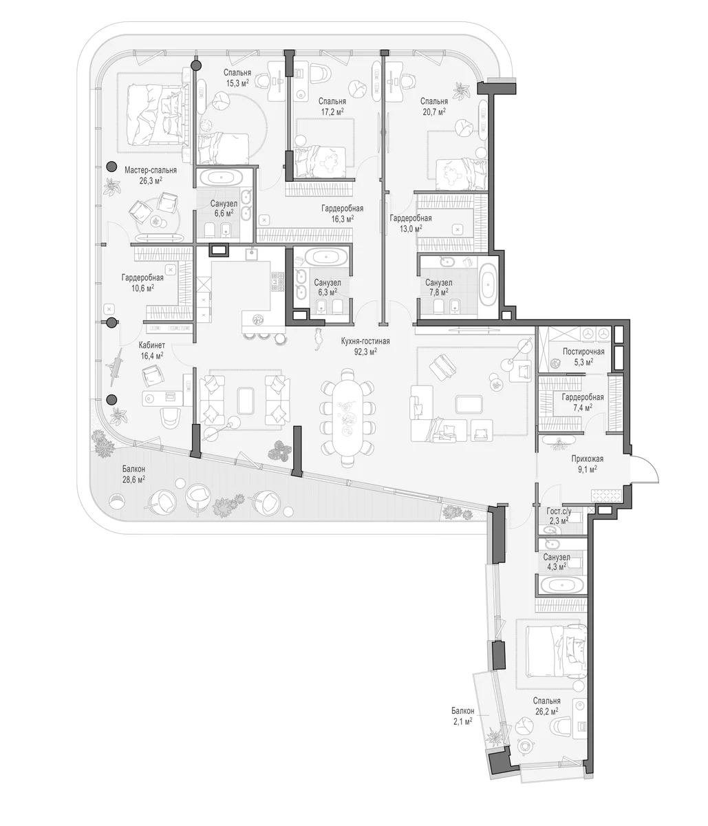 Планировка: 6-комнатная квартира 309,2 м² в ЖК «Дом Палашевский 11»