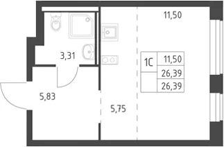 Планировка: Студия 26,4 м² в ЖК «Горки Парк»