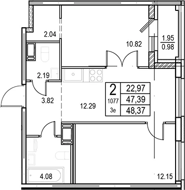 Планировка: Евротрёшка 47,4 м² в ЖК «ID Murino III»