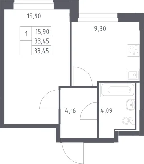 Планировка: 1-комнатная квартира 33,5 м² в ЖК «Прибрежный Парк»