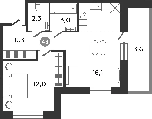 Планировка: Евродвушка 39,7 м² в ЖК «Графская слобода в Песках»