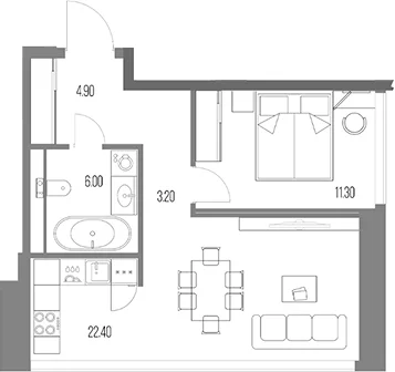 Планировка: 1-комнатная квартира 47,8 м² в ЖК «Северный Порт»