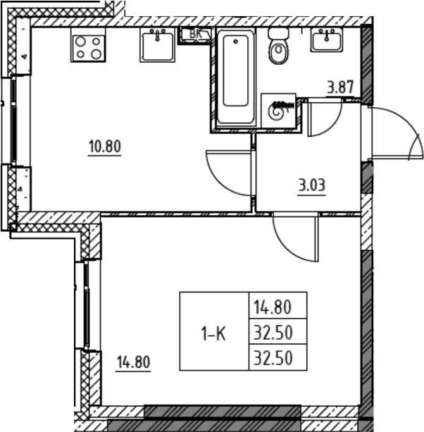 Планировка: 1-комнатная квартира 32,5 м² в ЖК «Город-спутник Южный»