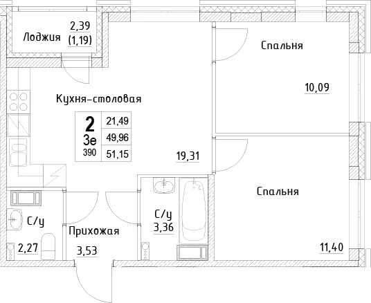 Планировка: Евротрёшка 50 м² в ЖК «ID Kudrovo II»