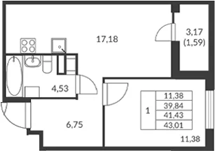 Планировка: 1-комнатная квартира 39,8 м² в ЖК «Амурино»