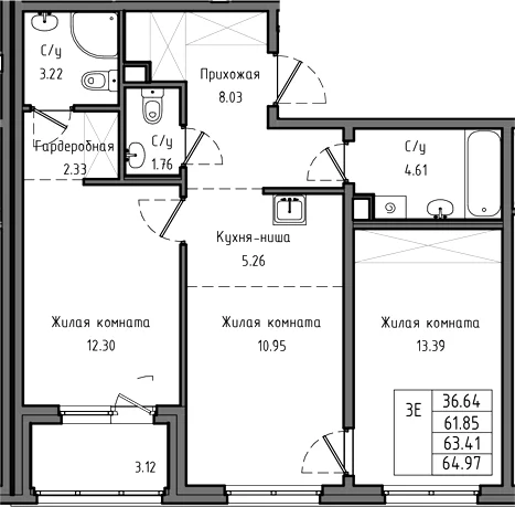 Планировка: Евротрёшка 61,9 м² в ЖК «Тишин»