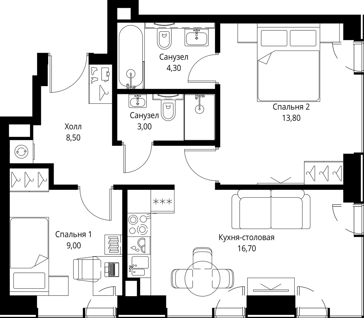 Планировка: Евротрёшка 55,3 м² в ЖК «Веер»
