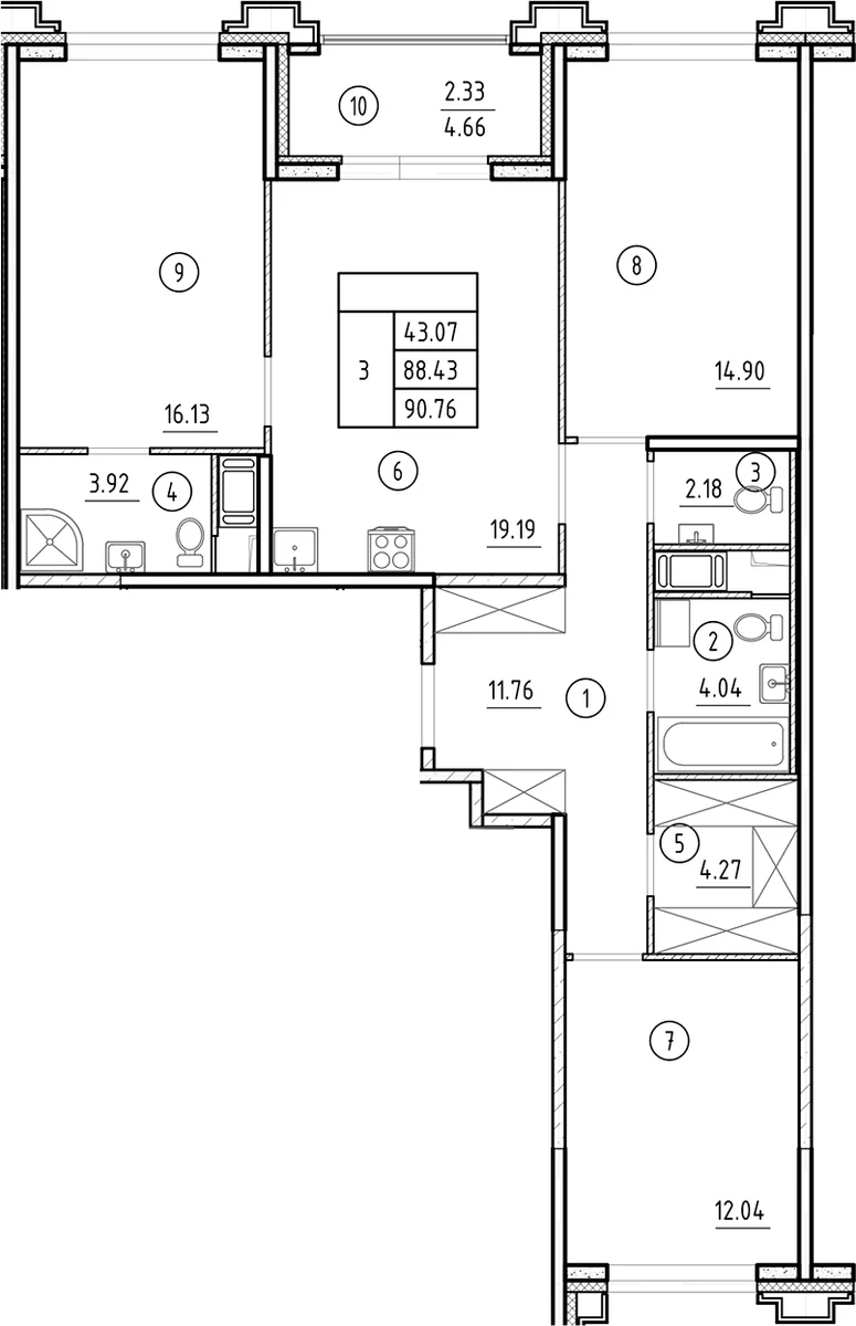 Планировка: Квартира евро-4 88,4 м² в ЖК «Ассамблея»